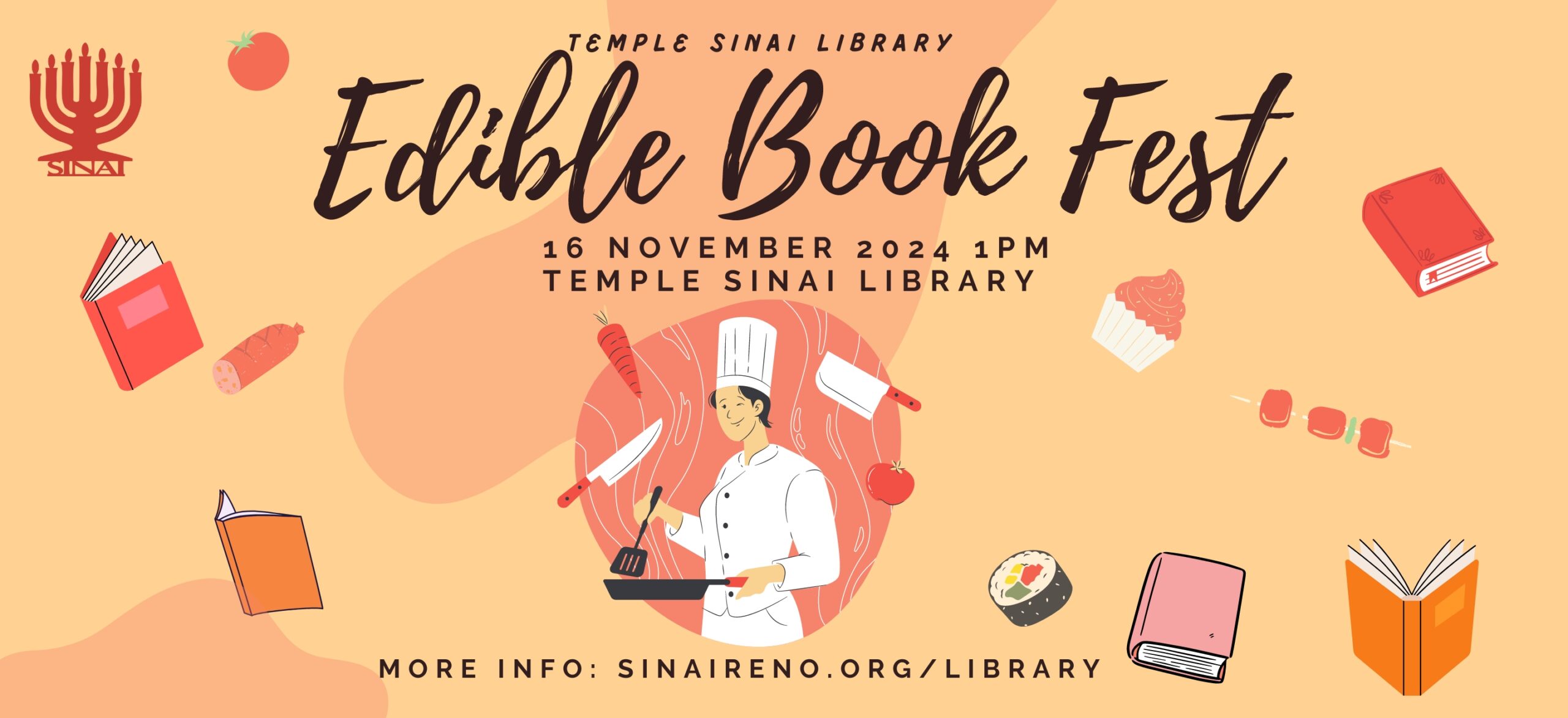 Temple Sinai Library presents the "Edible Book Fest" on Saturday, November 16, 2024 at 1:00 pm in the Temple Sinai Library. Click for more info.