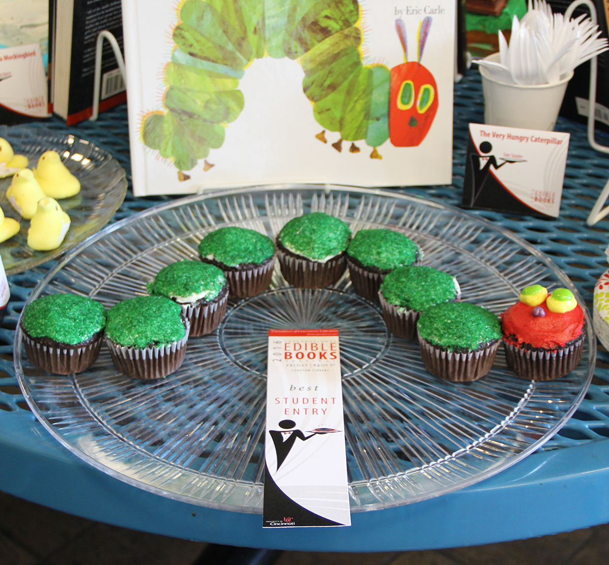 "A Very Hungry Caterpillar" example with a caterpillar made out of cupcakes