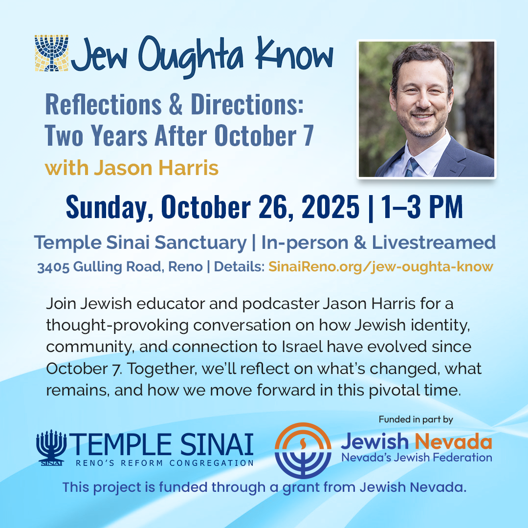 2025-10-26_Jew_Oughta_Know_promos_online_media_1080x1080c Jew Oughta Know event with Jason Harris on Sunday, October 26, 2025 from 1–3 PM at Temple Sinai. Join Jewish educator and podcaster Jason Harris for a thought-provoking conversation on how Jewish identity, community, and connection to Israel have evolved since October 7. Together, we’ll reflect on what’s changed, what remains, and how we move forward in this pivotal time.